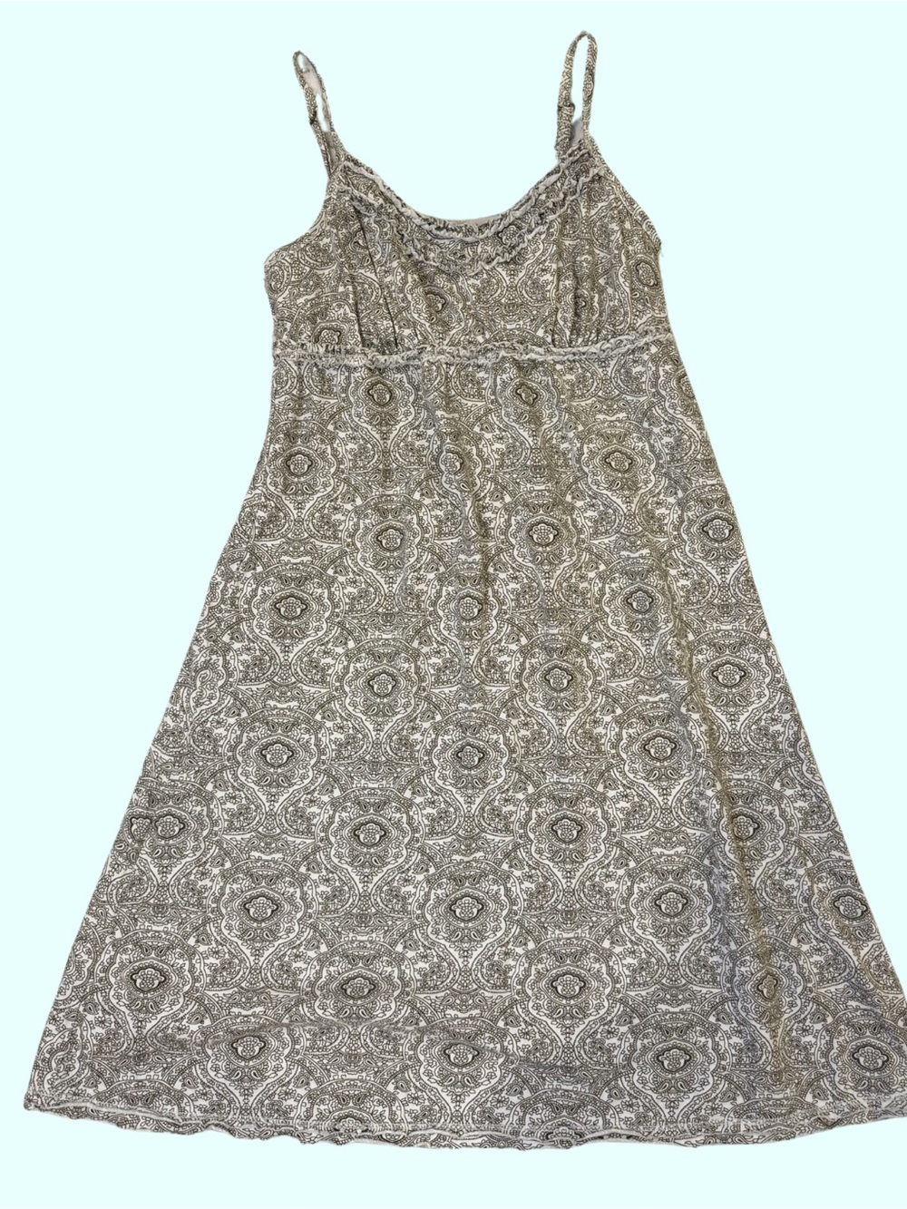 Aventura Neutral Paisley Print Mini Dress in Taupe and White